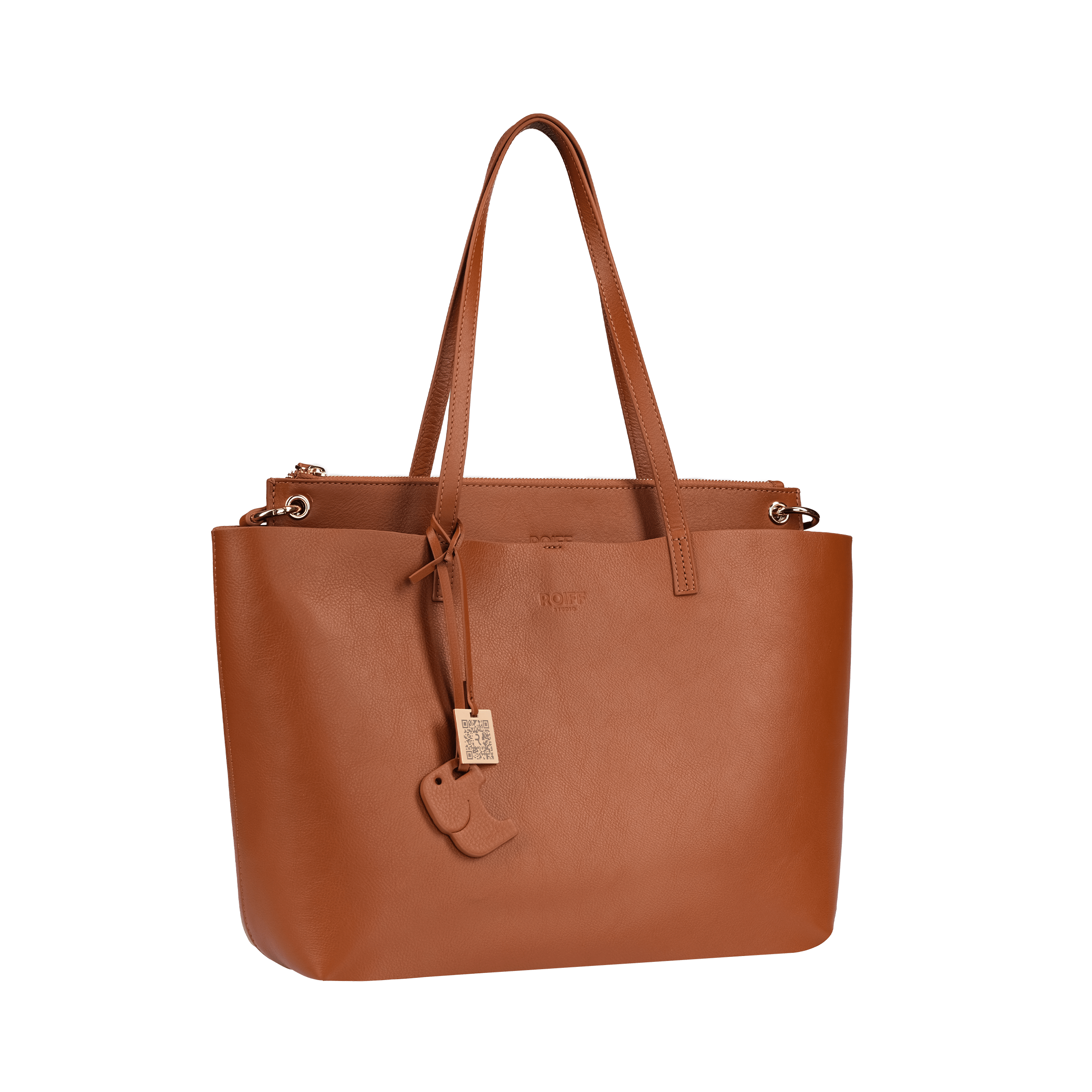 Burnished Amber leather tote bag with adjustable strap and gold hardware.