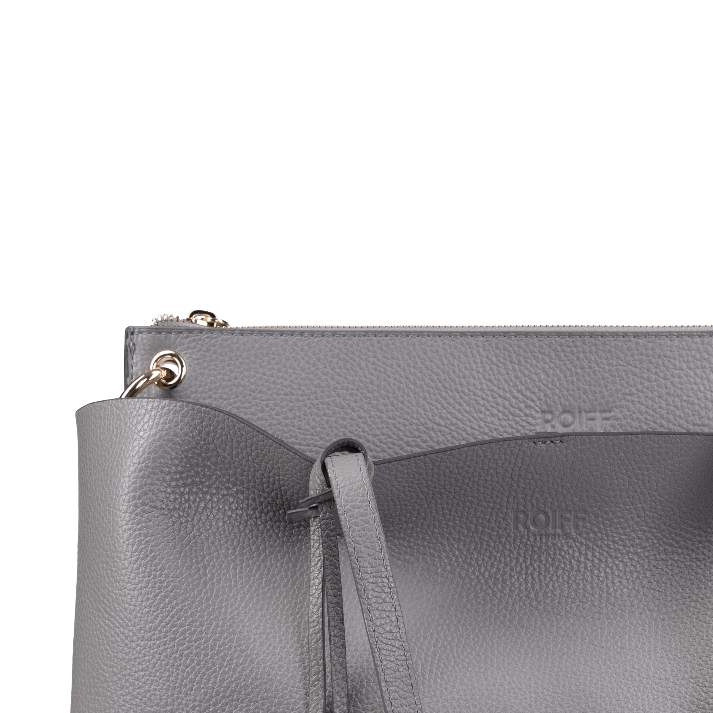 Functional Cool Grey leather bag, laptop-friendly with interior pockets.