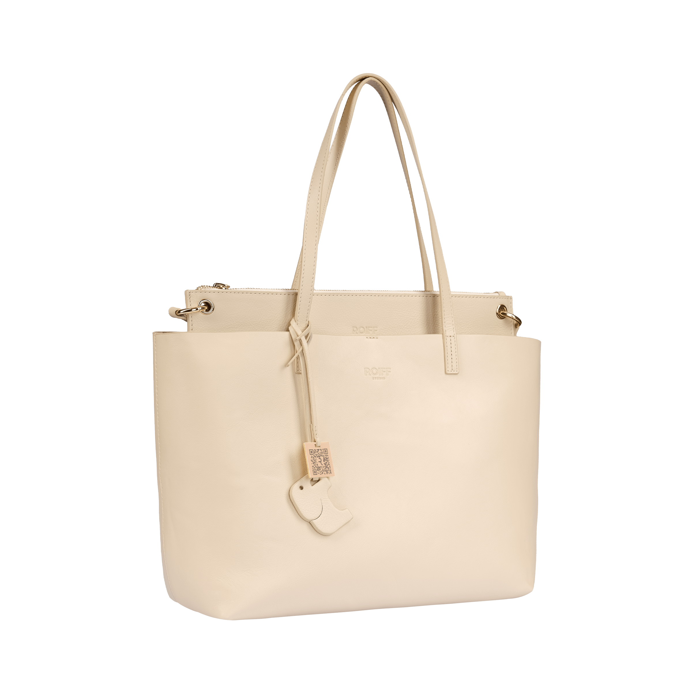 Ivory leather tote bag with adjustable strap and elegant gold accents.