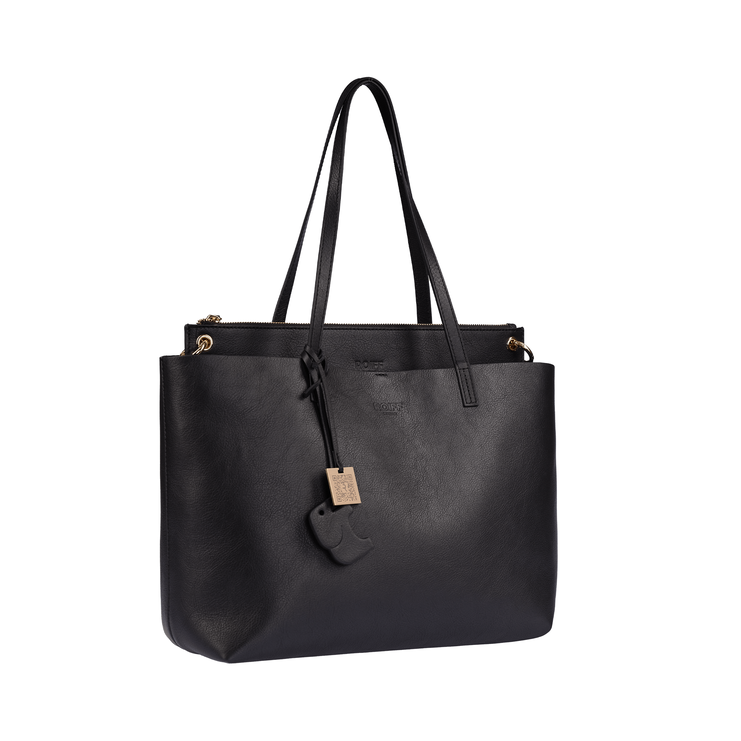 Midnight leather tote bag with elegant design and adjustable strap.