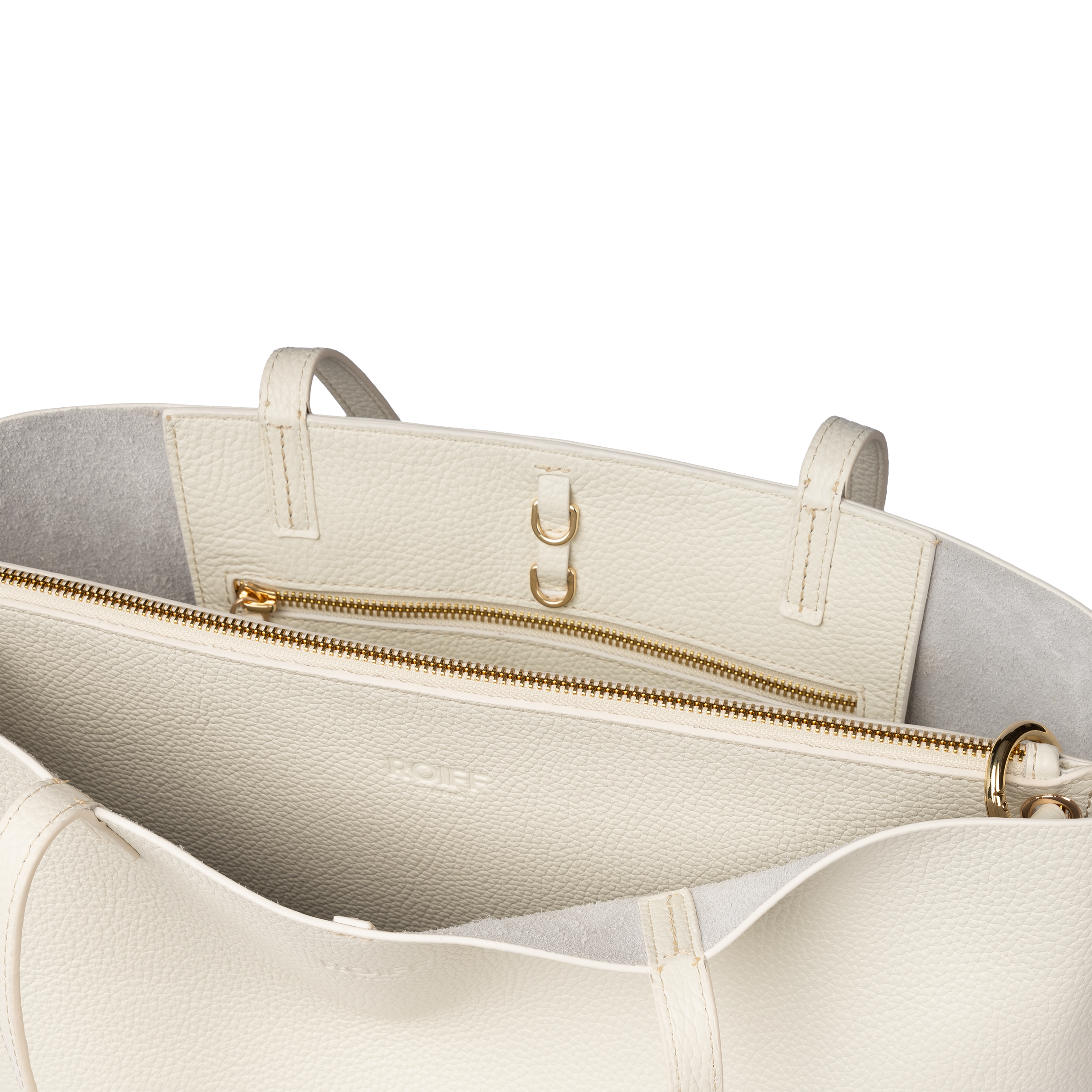 Functional interior design of Lumi Bag in Off-White with secure compartments.