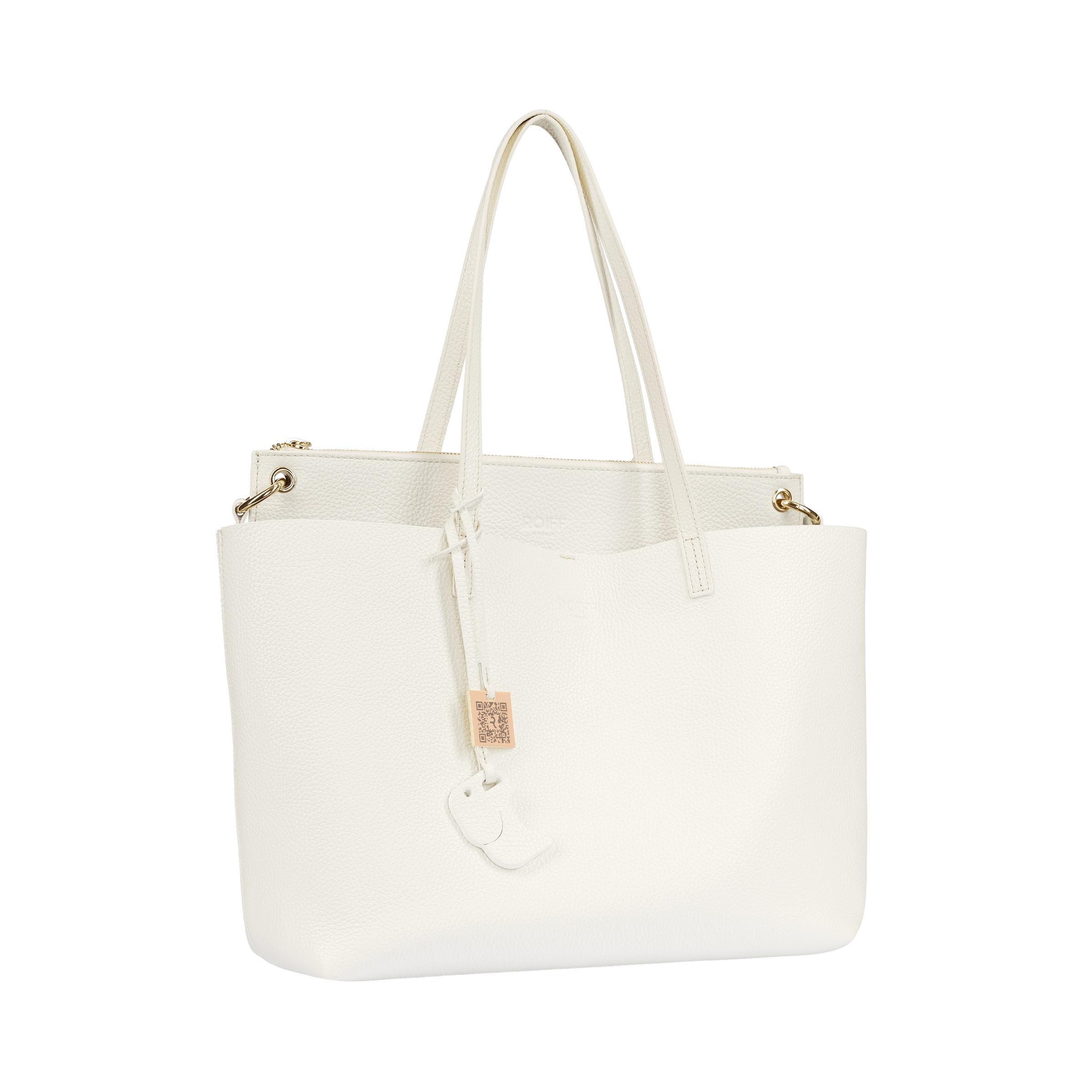 Off-White leather tote bag with adjustable straps and gold details.
